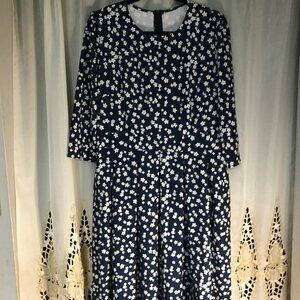 3/4 Sleeve  Dress Flowery Blue Pleated Pockets Swing XL